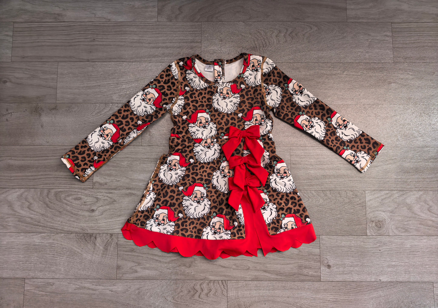 Pre order long sleeve leopard with santa athletic scallop dress