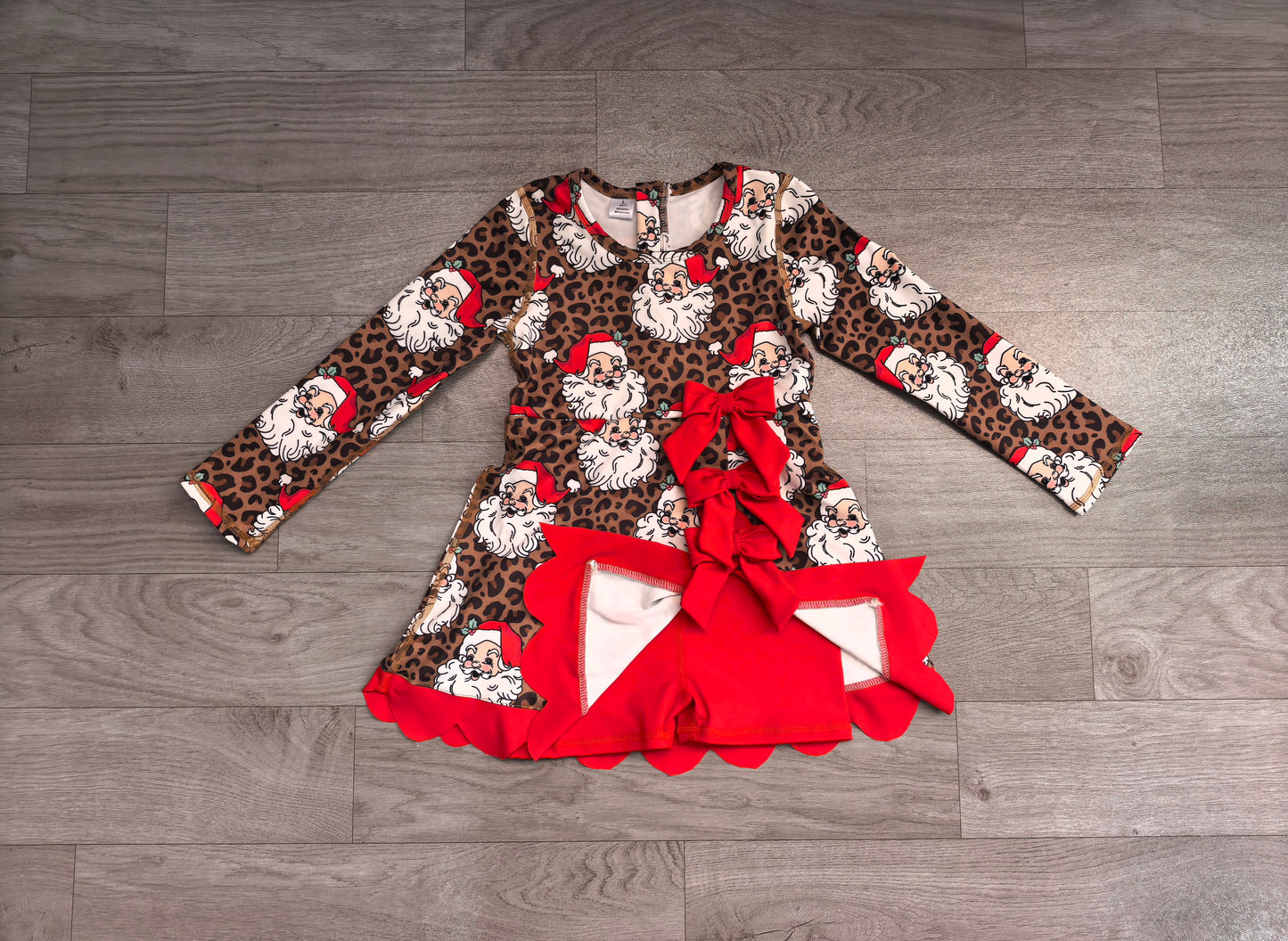 Pre order long sleeve leopard with santa athletic scallop dress