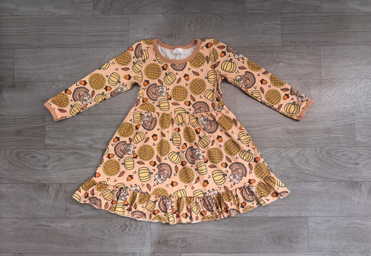 pre order long sleeve pumpkin turkey print twirl dress