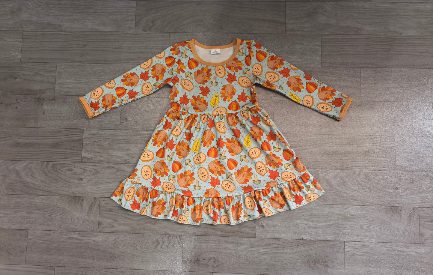 pre order long sleeve fall leaves turkey print twirl dress