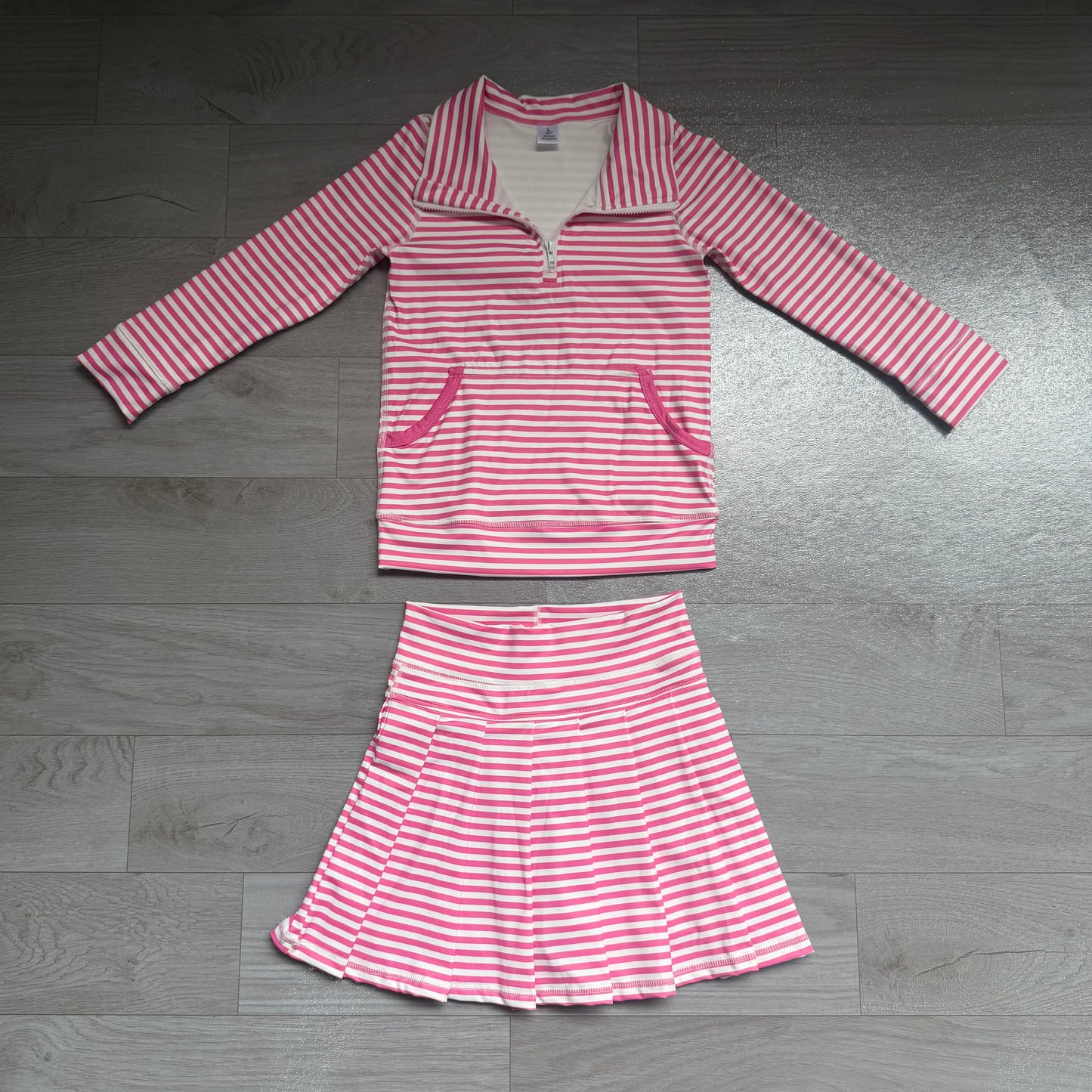 Pre order long sleeve pink striped athletic pleated outfit