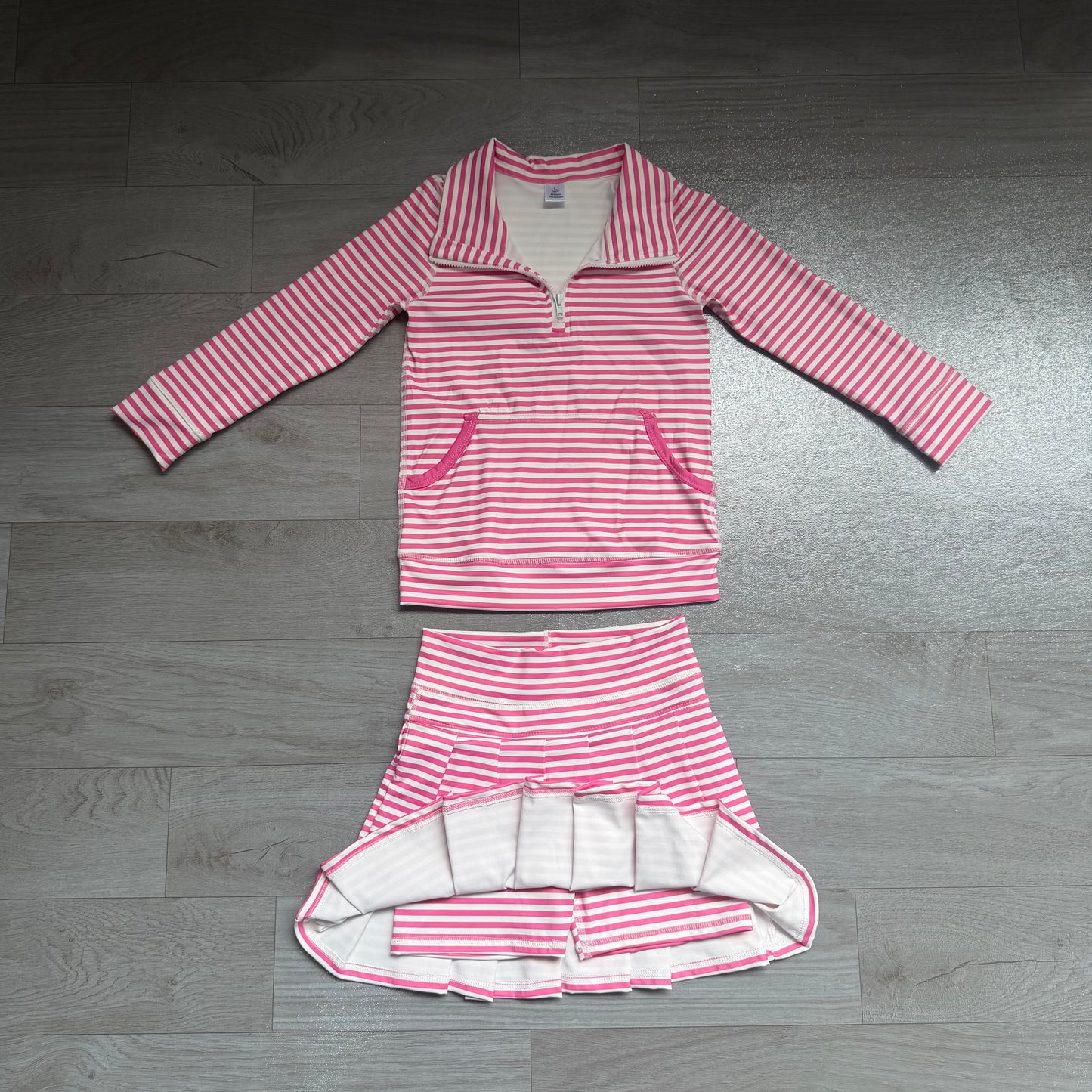 Pre order long sleeve pink striped athletic pleated outfit