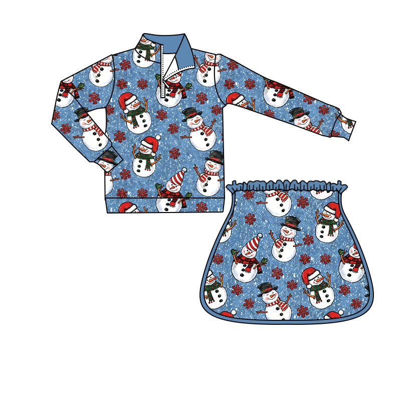 Pre order long sleeve zip pullover snowman print skort set
