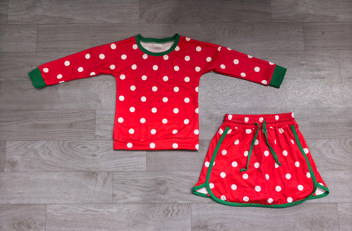 Pre order girls white polk dots on red skort set