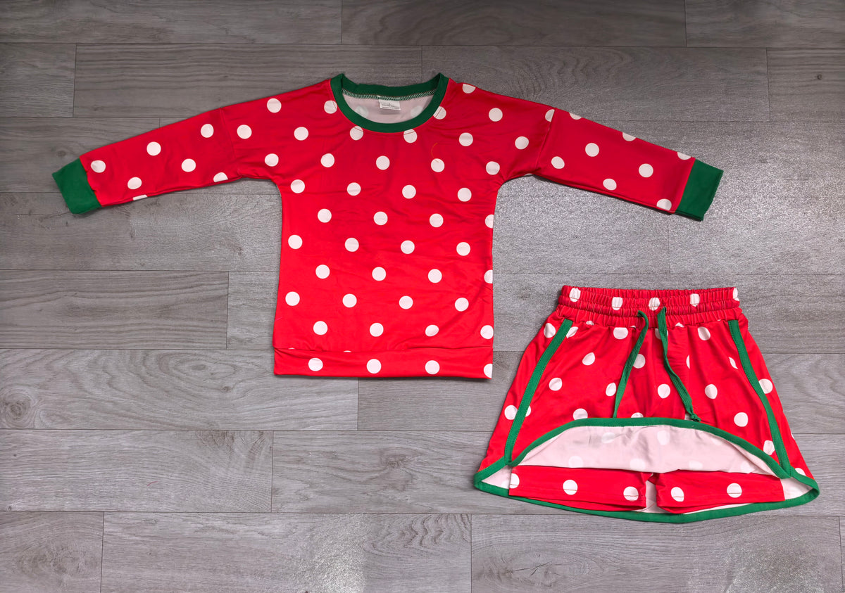 Pre order girls white polk dots on red skort set