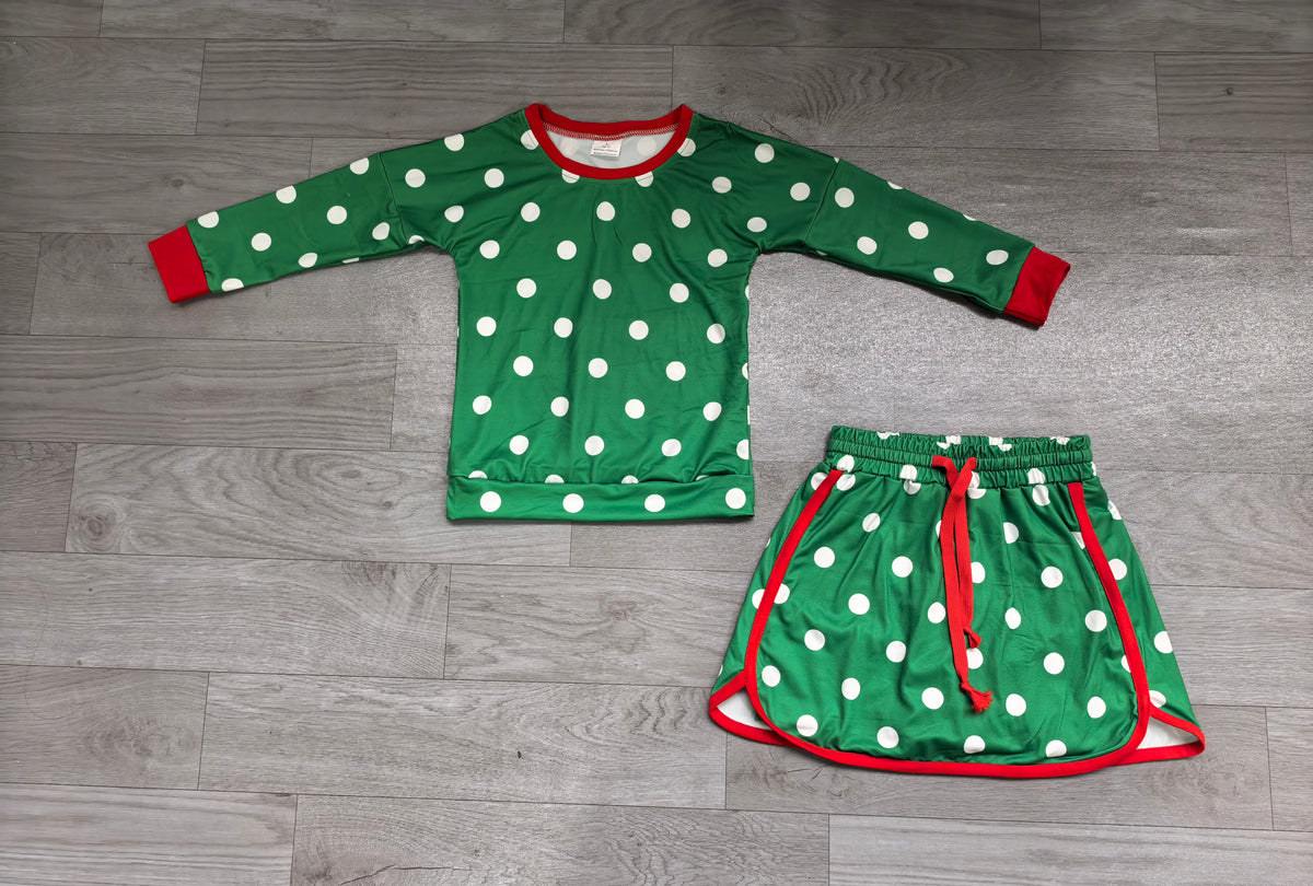 Pre order girls white polk dots on green skort set