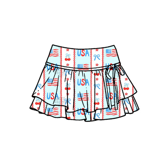Presale Yoga fabric GLK0256 Girls Summer Skirt Baby Girls USA Bows Stripe 4th of July Yoga Active Skirt Shorts Bottom