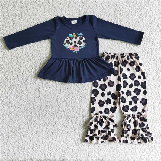 GLP0037 Girls Embroidered Leopard Pumpkin Blossom Long Sleeve Pants Suit