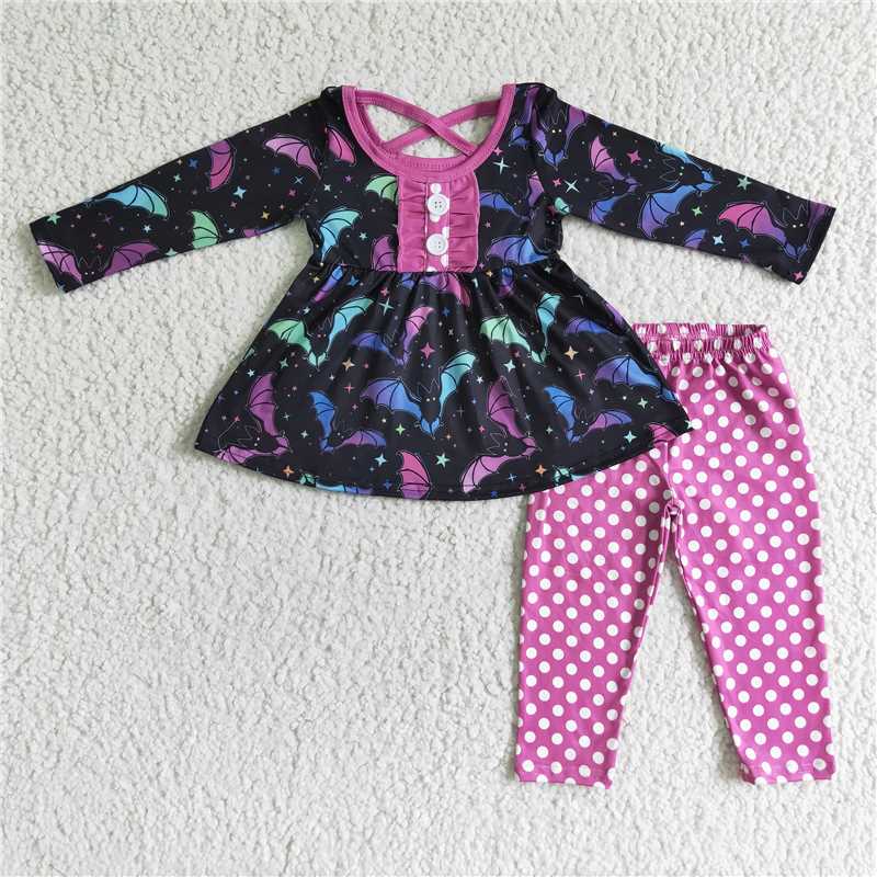 GLP0042 Girls Halloween Bat Long Sleeve Pants Suit