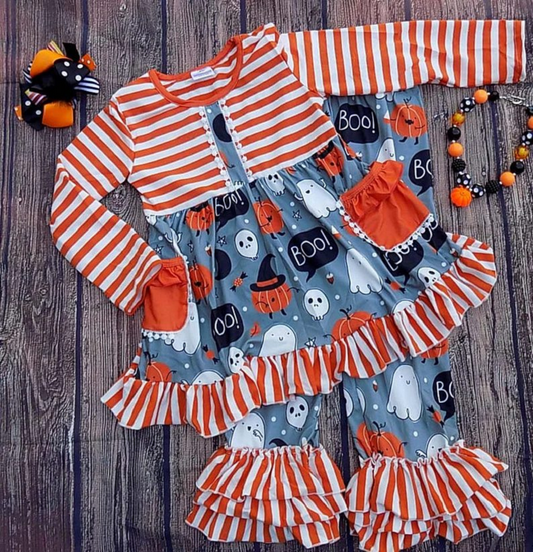 GLP0077 Baby Girls Halloween Ghost Orange Stripe Pants Sets D 906