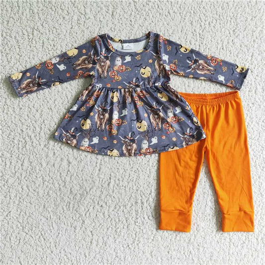 GLP0112 Girls Alpine Cow Pumpkin Long Sleeve Pants Suit