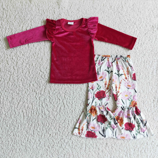 GLP0221  Baby girls fall wine velvet tops bell pants clothing sets D 1101