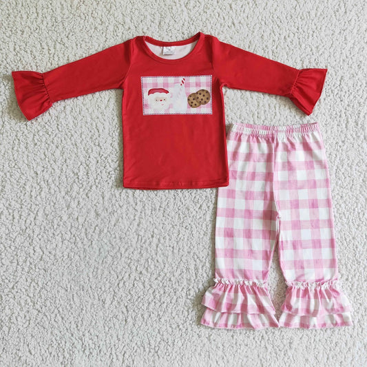 GLP0285 Girls Santa Milk Biscuits Long Sleeve Pink Plaid Trousers Suit