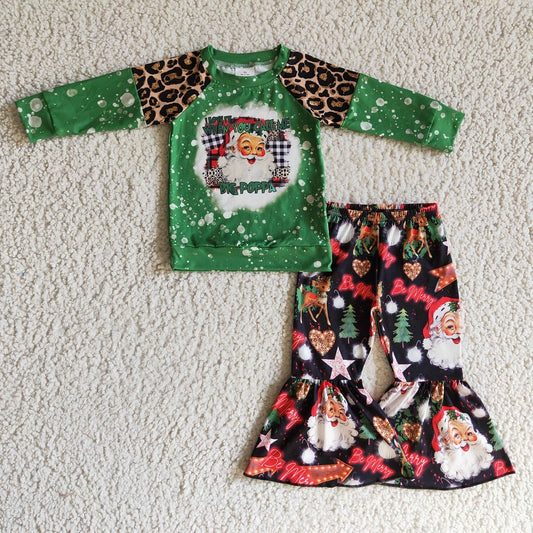 GLP0321 Girls Santa Claus Green Leopard Print Long Sleeve Black Pants Suit