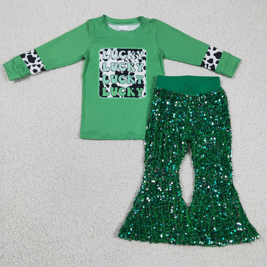 GLP0421 Baby Girls Lucky St Patrick Day Sequin Pants Clothes Sets