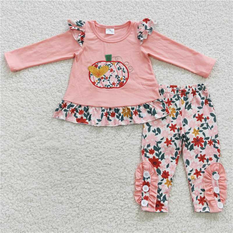 GLP0426 Pink embroidered love pumpkin floral small flying sleeve long-sleeved trousers suit