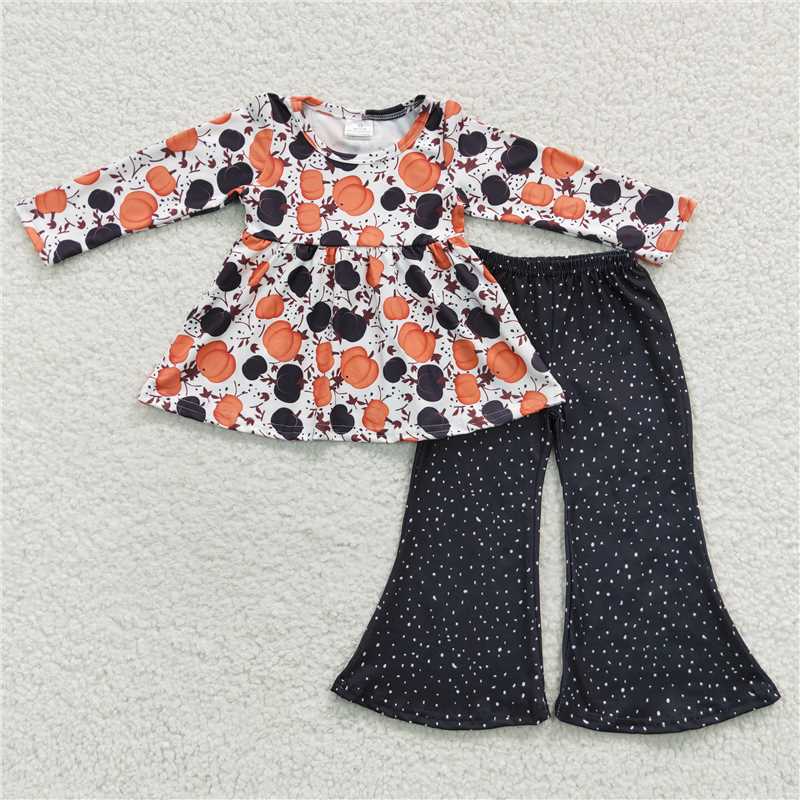 GLP0430 Pumpkin Leaf Long Sleeve White Dot Black Trouser Set