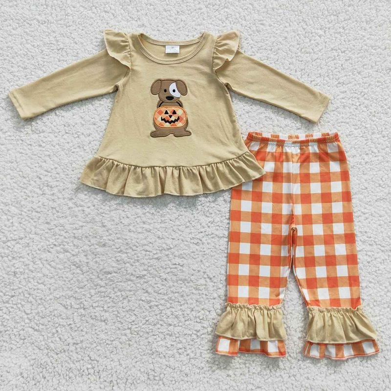 GLP0433 Girls Embroidered Puppy Jack-O-Lantern Plaid Beige Halloween Long-Sleeved Pants Set