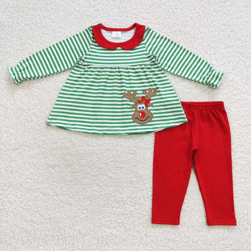 GLP0451 Embroidered Elk Green Stripe Christmas Long Sleeve Red Pantsuit