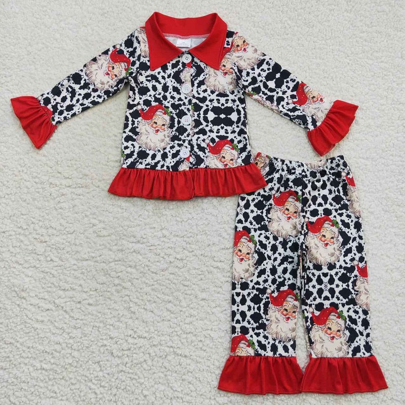 GLP0458 Santa Claus Cow Pattern Red Collar Lace Button Long Sleeve Trouser Suit