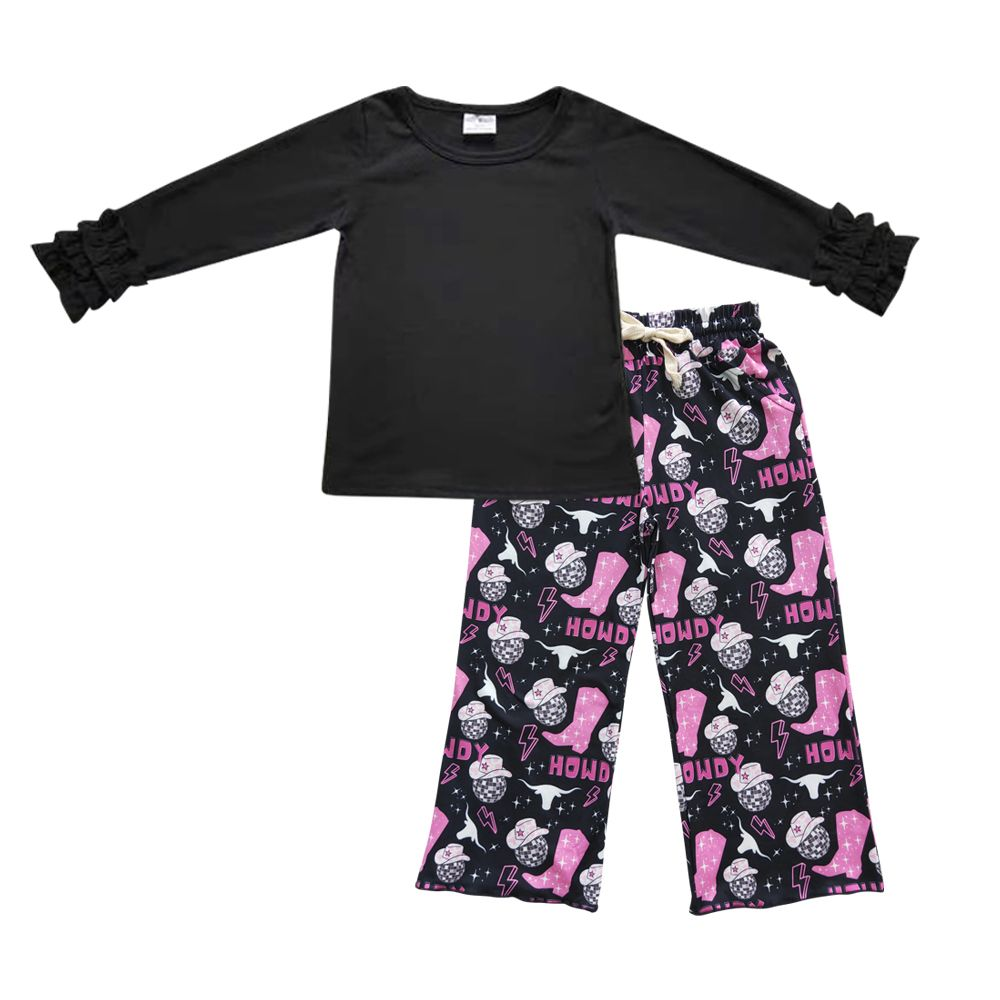 GLP0473  Baby Girls Black Shirts Howdy Pants Clothing Sets D 906