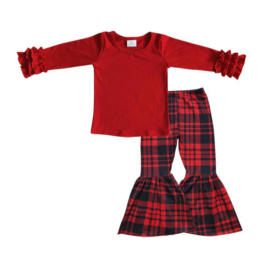 GLP0477 Baby Girls Red Shirt Plaid Bell Pants clothes sets