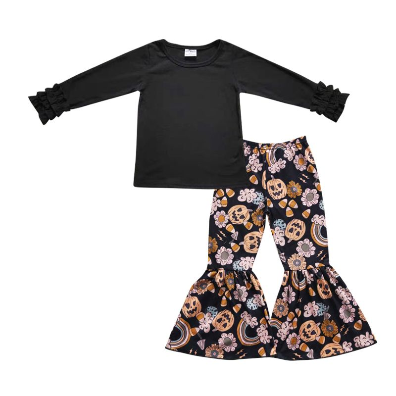 GLP0478 Baby Girls Black Shirt Pumpkin Bell Pants Clothes Sets