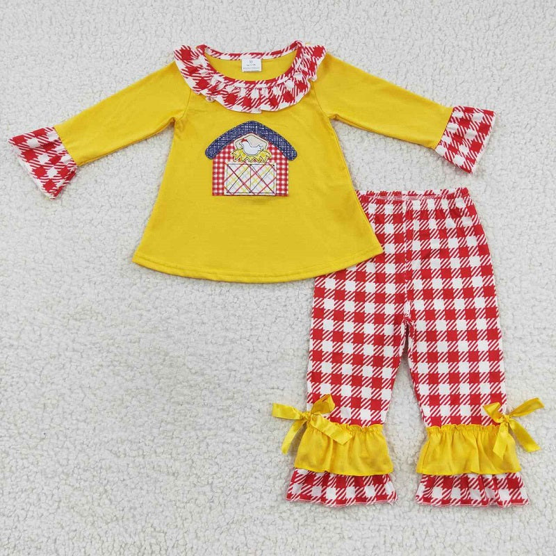 GLP0492 Embroidery Farm Chicken Red House Red Plaid Lace Yellow Long Sleeve Trouser Set