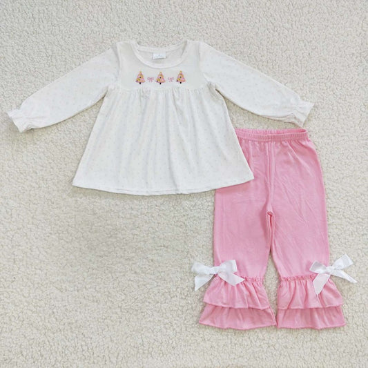 GLP0505 Embroidered Christmas Tree Bow Polka Dot Pastel White Long Sleeve Trouser Set