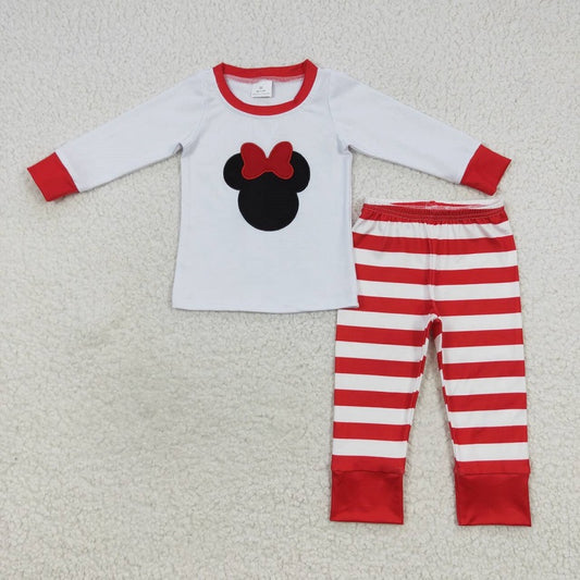 GLP0508 Embroidered cartoon bow red and white striped long-sleeved trousers suit