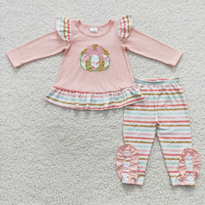 GLP0513 Embroidered Bow Gold Pumpkin Stripe Lace Pink Long Sleeve Trouser Set