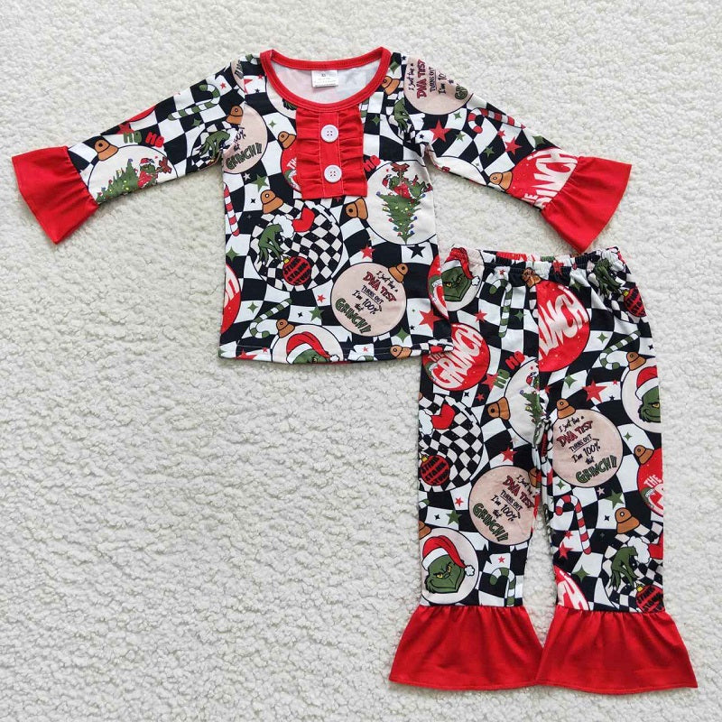 GLP0514 Cartoon red lace button black and white checkered long-sleeved trousers suit