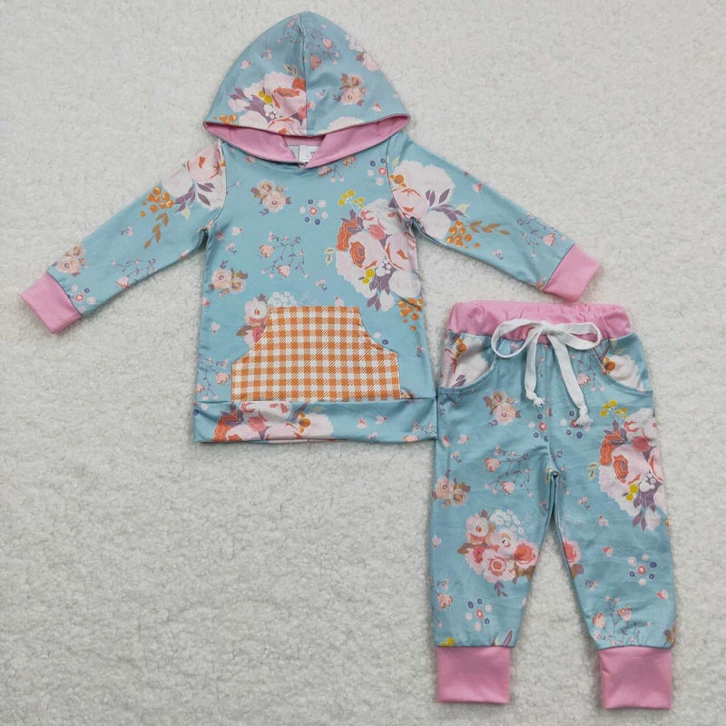 GLP0546 Floral Plaid Pocket Blue Pink Hooded Long Sleeve Trousers Set