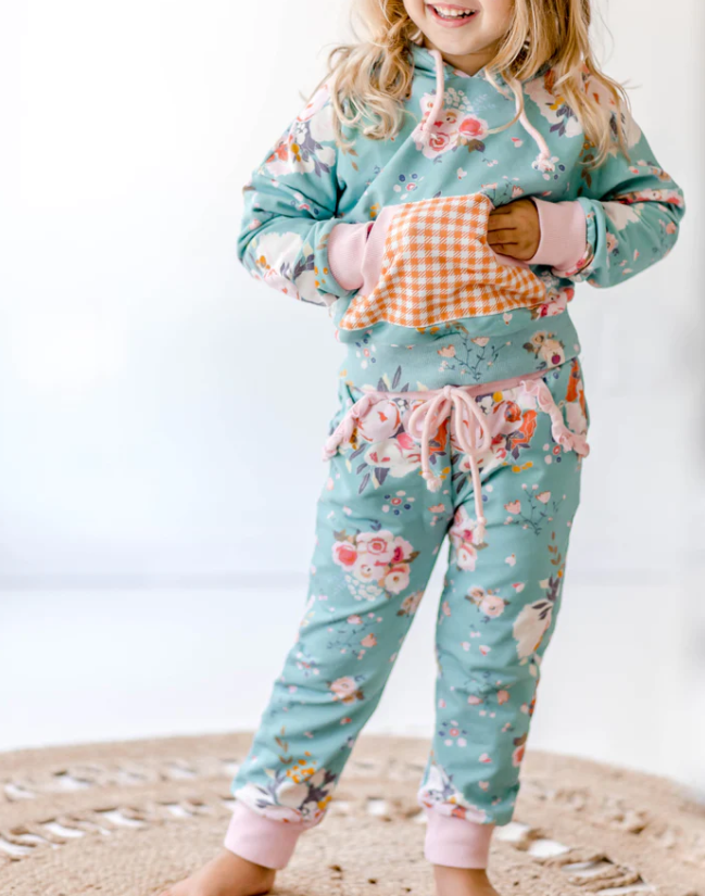 GLP0546 Floral Plaid Pocket Blue Pink Hooded Long Sleeve Trousers Set