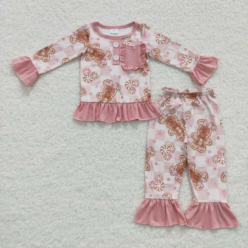 GLP0548 Cartoon gingerbread man pink and white lace long-sleeved trouser suit
