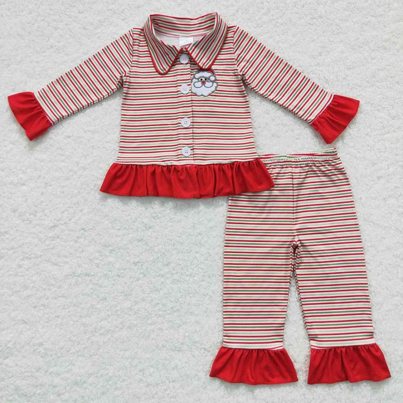 GLP0550 Embroidered Santa Claus red and green striped collar lace long-sleeved trouser suit