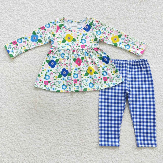 GLP0580 Floral floral blue and white plaid stovepipe pants long-sleeved trousers suit