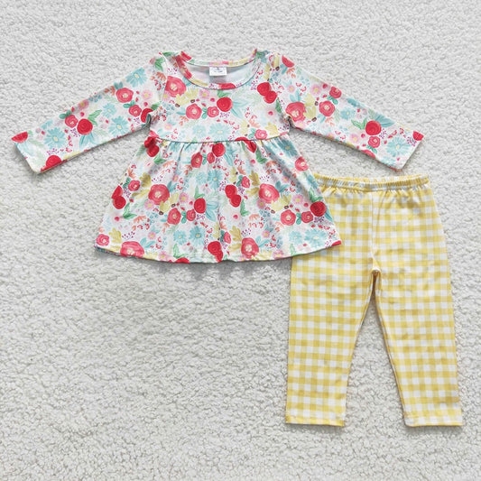 GLP0581 Flower floral yellow and white plaid slim-leg pants long-sleeved trousers suit