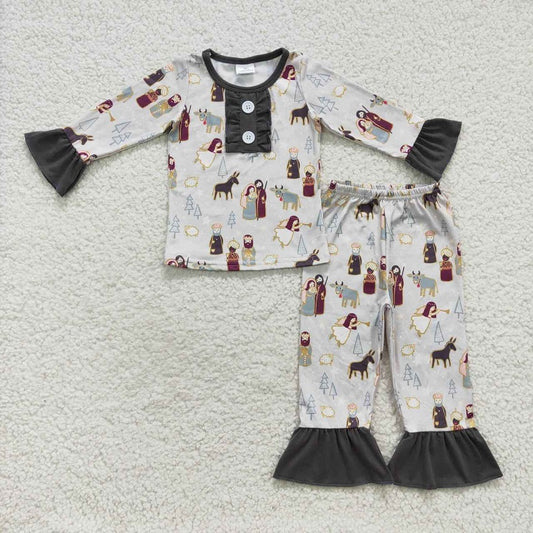 GLP0587 Jesus star cow sheep tree lace gray long-sleeved trousers pajamas suit