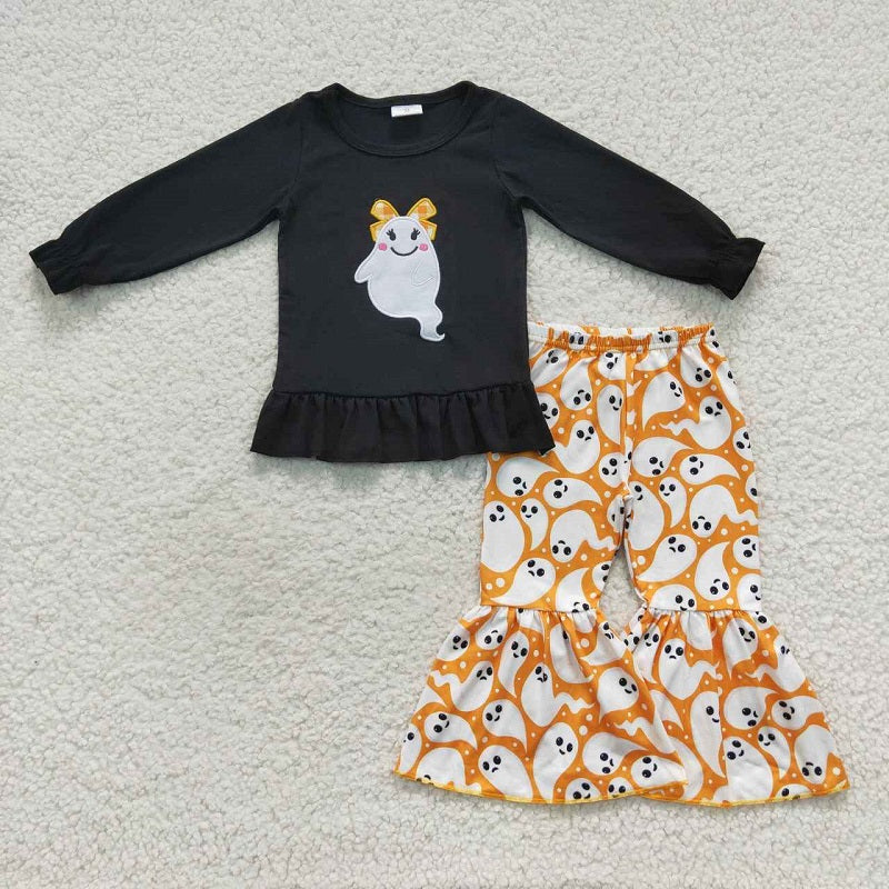 GLP0608 Embroidered Ghost Black Lace Long Sleeve Orange Trouser Set