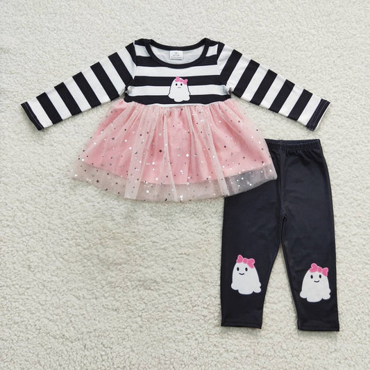 GLP0651 Bow Ghost Black & White Stripe Long Sleeve Top Trouser Set