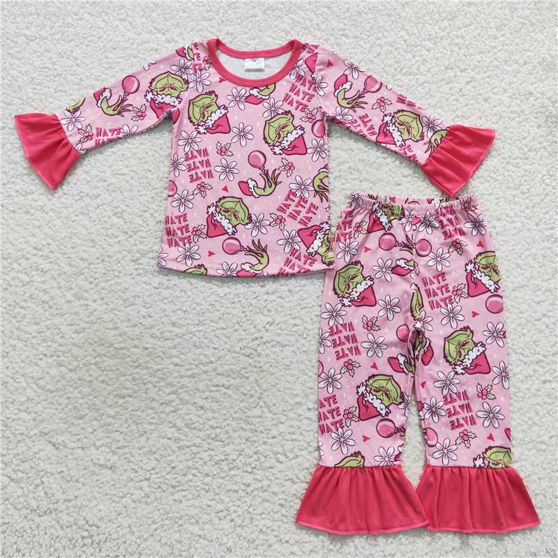 GLP0656 Cartoon flower pink lace long-sleeved trousers suit