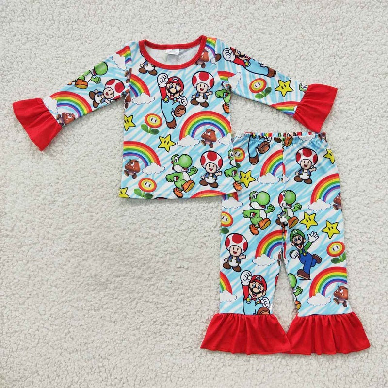 GLP0668 Cartoon mushroom rainbow lace red and blue long-sleeved trouser suit