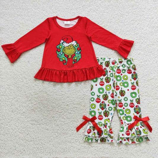 GLP0690 Christmas Girls Green Face Print Outfit