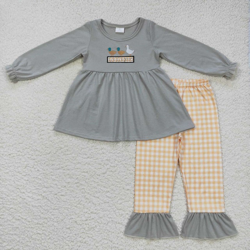 GLP0724 Embroidered duck and goose animal gray long-sleeved yellow plaid stovepipe pants suit