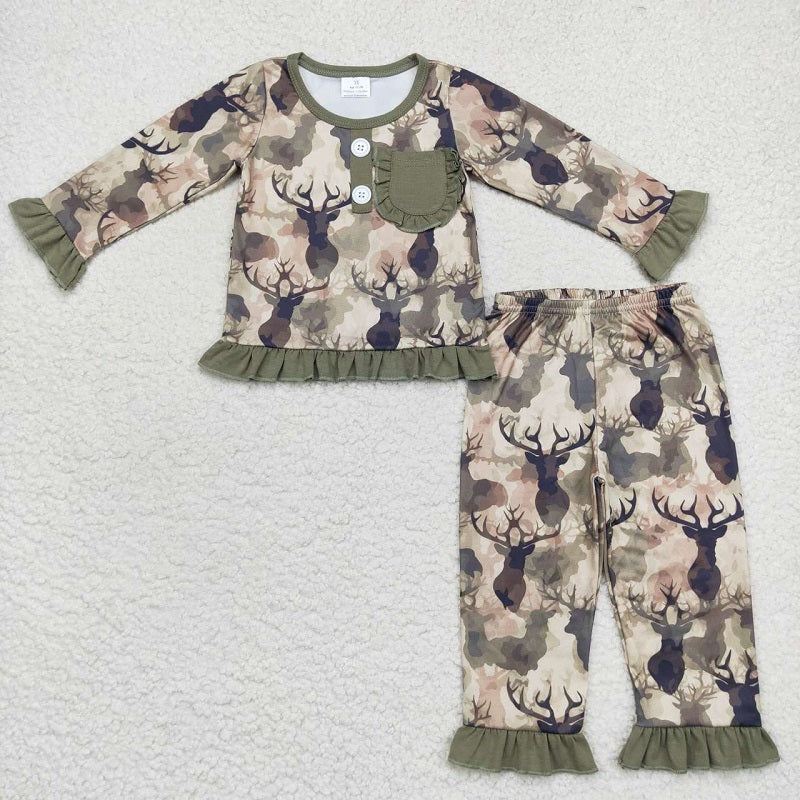 GLP0747 Pocket Elk Army Green Lace Camouflage Long Sleeve Pants Suit