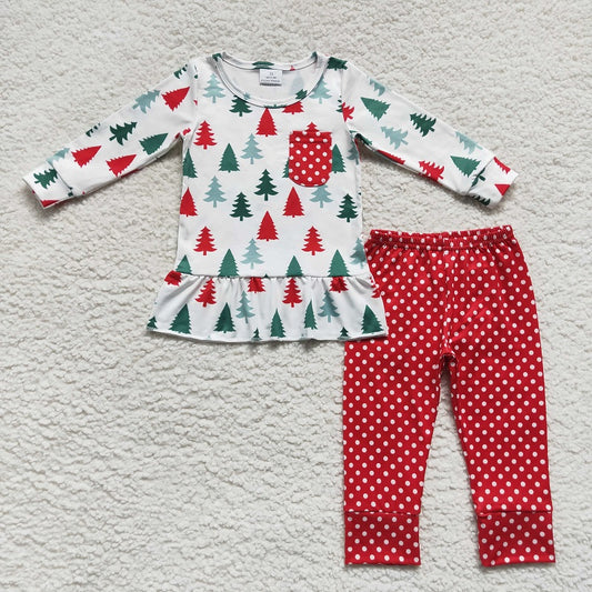 GLP0803 Christmas tree polka dot pocket white long sleeve red trousers suit