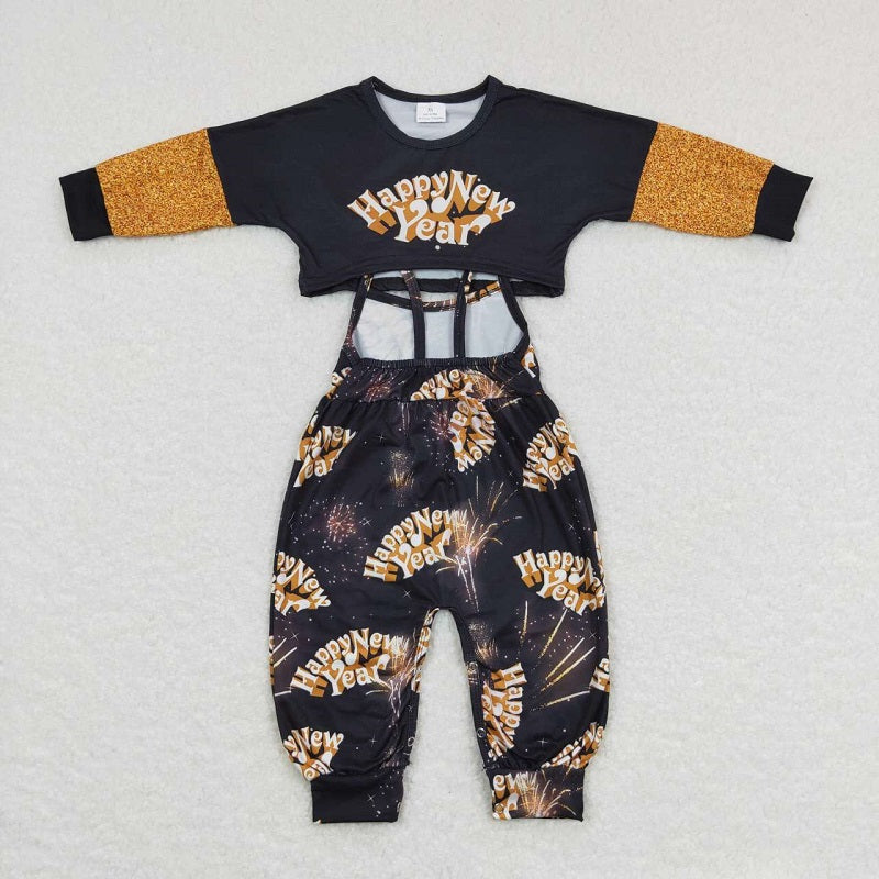 GLP0815 happy new year letters black and gold long sleeve fireworks suspender jumpsuit pants suit