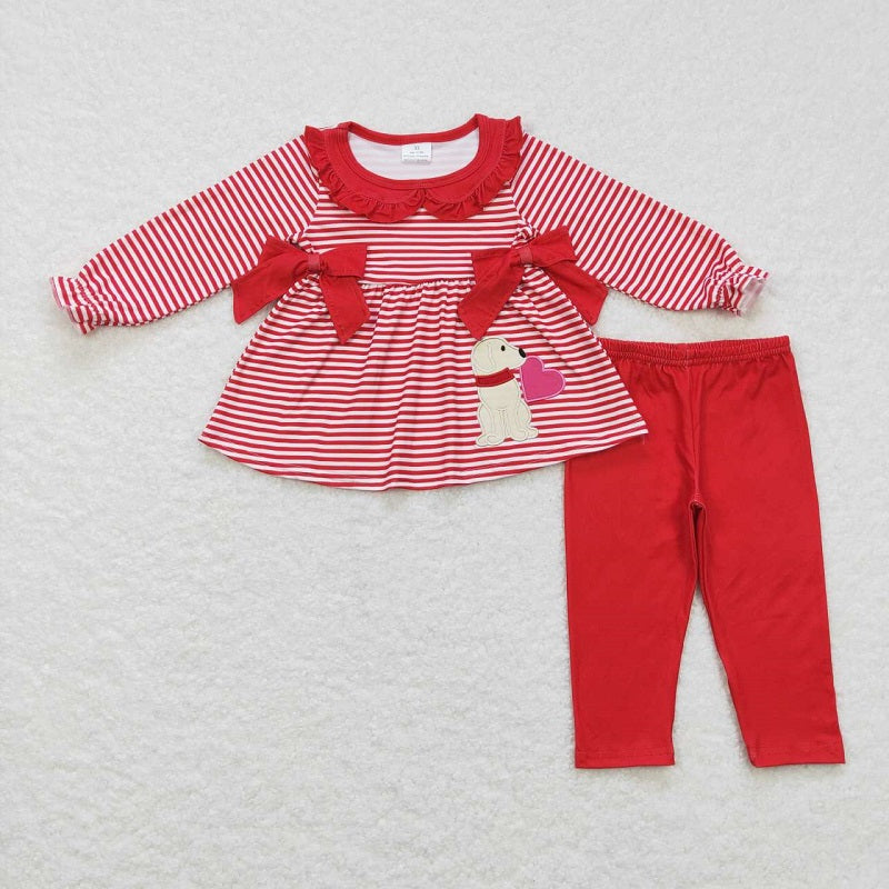 GLP0891 Embroidered puppy love bow lace red and white striped long-sleeved trousers suit