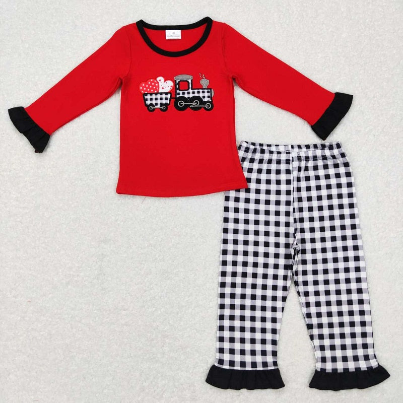 GLP0909 Embroidery Love Tractor red and black lace long-sleeved black and white plaid trousers suit